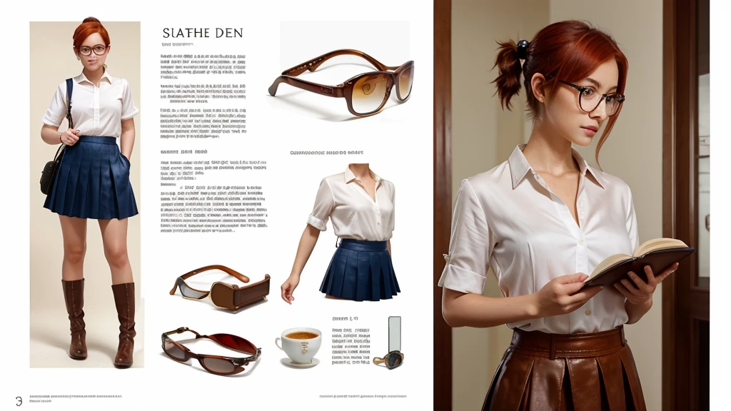 1 Girl, reference sheet, short red hair pulled back in little ponytail, book in hand, sumeru, glasses, pen, porcelain cup, long straight blue skirt, white silk shirt, magic, genshin impact, an eagle on the shoulder, brown eyes, research bag over her shoulder, dendro eye of the god, freckles, leather gloves, catalyst