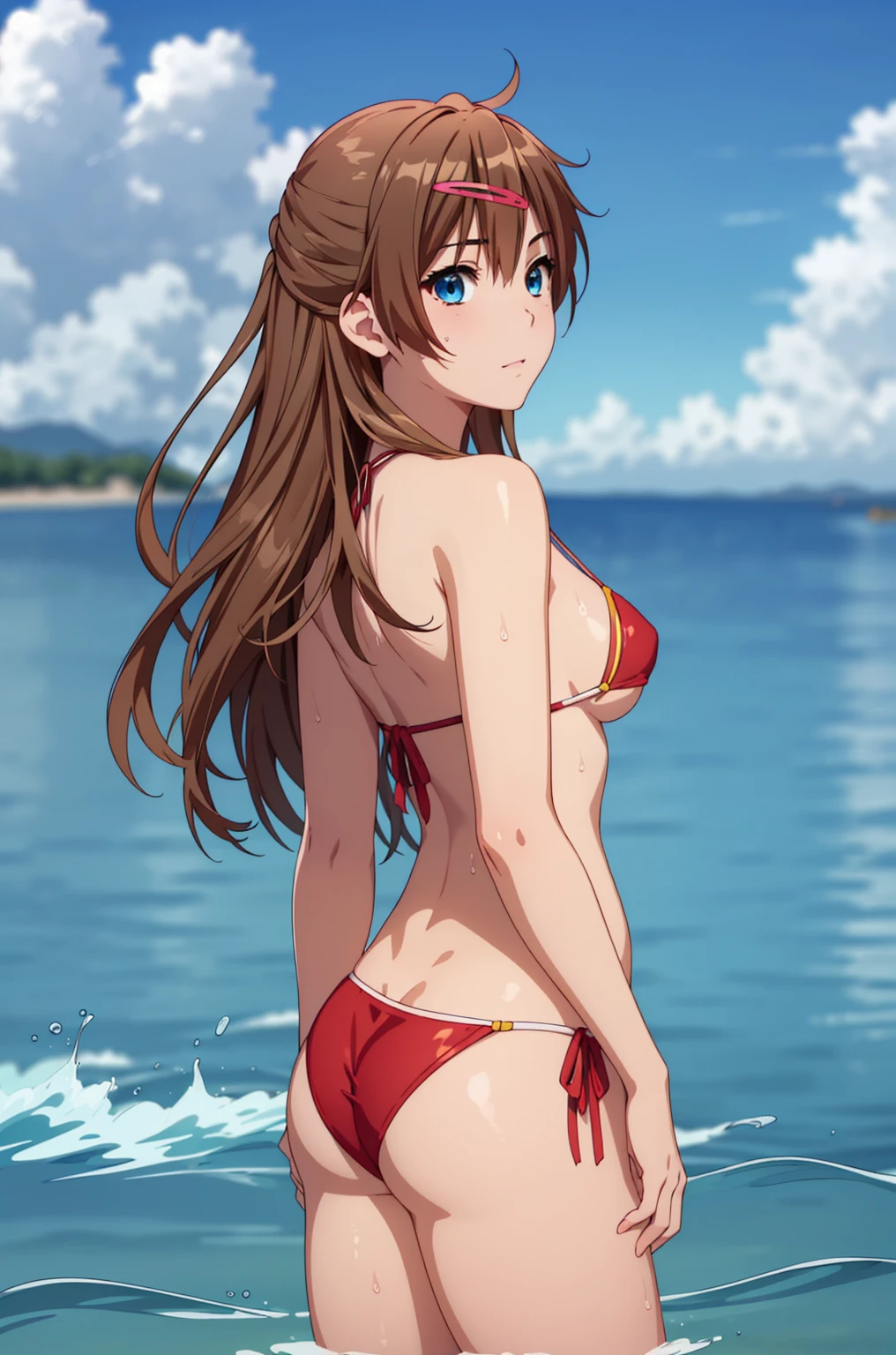 ((masterpiece, highest quality, High resolution, UHD, Pixel perfect, Depth of written boundary, 4K, rtx, HDR)), 1 Girl, single, alone, 24-years-old, Beautiful Anime Girls, Beautiful art style, anime character, ((Parted bangs, Brown Hair)), (blue eyes、Round eyes, Delicate eyelashes、Beautiful eyelashes, Perfect Eyes), (Detailed face:1.2), (Smooth texture:0.75, Realistic texture:0.65, Realistic:1.2, Cinematic, Anime CG Style), Perfect body, Ocean:1.3、Moderately good breasts:1.7、Red Micro Bikini Swimsuit:1.8、Visible from the thighs:1.9、Wet、Water Drop、Splash、nsfw、visible from below、Seen from behind、Oceanの中