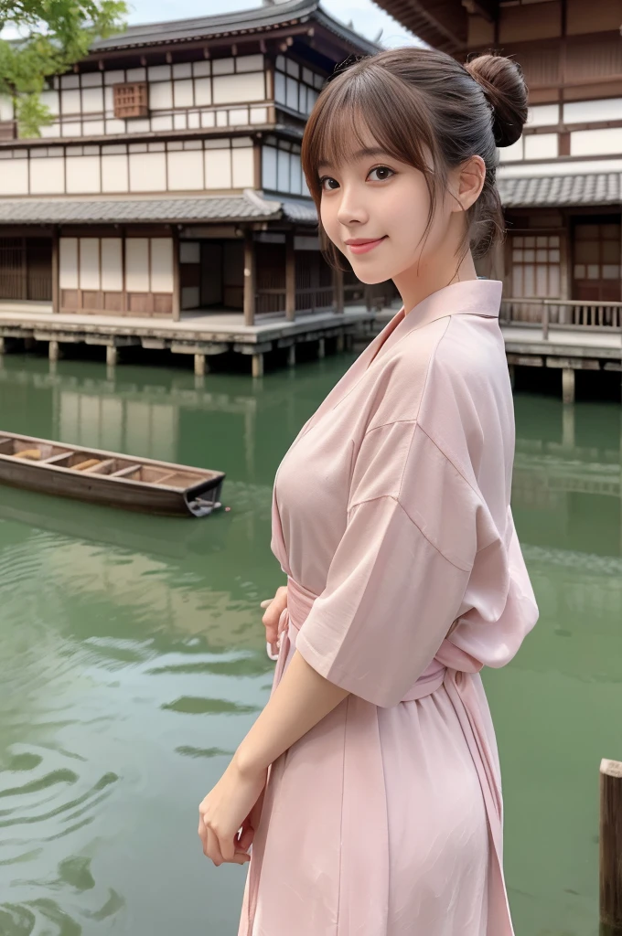 Japanese women、26 years old、princess、Hairpin、Bun Head、Pink kimono、Brown Hair、bangs、(RAW shooting, Photorealistic:1.5, 8k, highest quality, masterpiece, Ultra-high resolution), ((The background is the streetscape of the Edo period.、Old house、River side、))、Farmer、Rural Scenery、countryside、Highly detailed skin and facial textures:1.2, Cute like an idol、aesthetic, Cute and sexy beauty, Perfect Style:1.2, Fair skin, Very beautiful face, Glowing White Skin, (Mid-chest)、Dutch Angle、Low - Angle、Shooting from the side、Walking、smile、