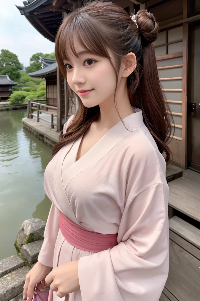 Japanese women、26 years old、princess、Hairpin、Bun Head、Pink kimono、Brown Hair、bangs、(RAW shooting, Photorealistic:1.5, 8k, highest quality, masterpiece, Ultra-high resolution), ((The background is the streetscape of the Edo period.、Old house、River side、))、Farmer、Rural Scenery、countryside、Highly detailed skin and facial textures:1.2, Cute like an idol、aesthetic, Cute and sexy beauty, Perfect Style:1.2, Fair skin, Very beautiful face, Glowing White Skin, (Mid-chest)、Dutch Angle、Low - Angle、Shooting from the side、Walking、smile、