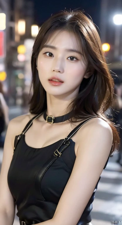 (1 Korean star with a royal sister style), ((best quality, 8K, masterpiece: 1.3)), focus: 1.2, Perfect body beauty: 1.4 , (expression), (Night Street: 1.3), Highly detailed face and skin textures, beautiful eyes, Double eyelids, Skin Whitening, (Air bangs: 1.3), (Round Face: 1.5), (Thin strap top: 1.4),