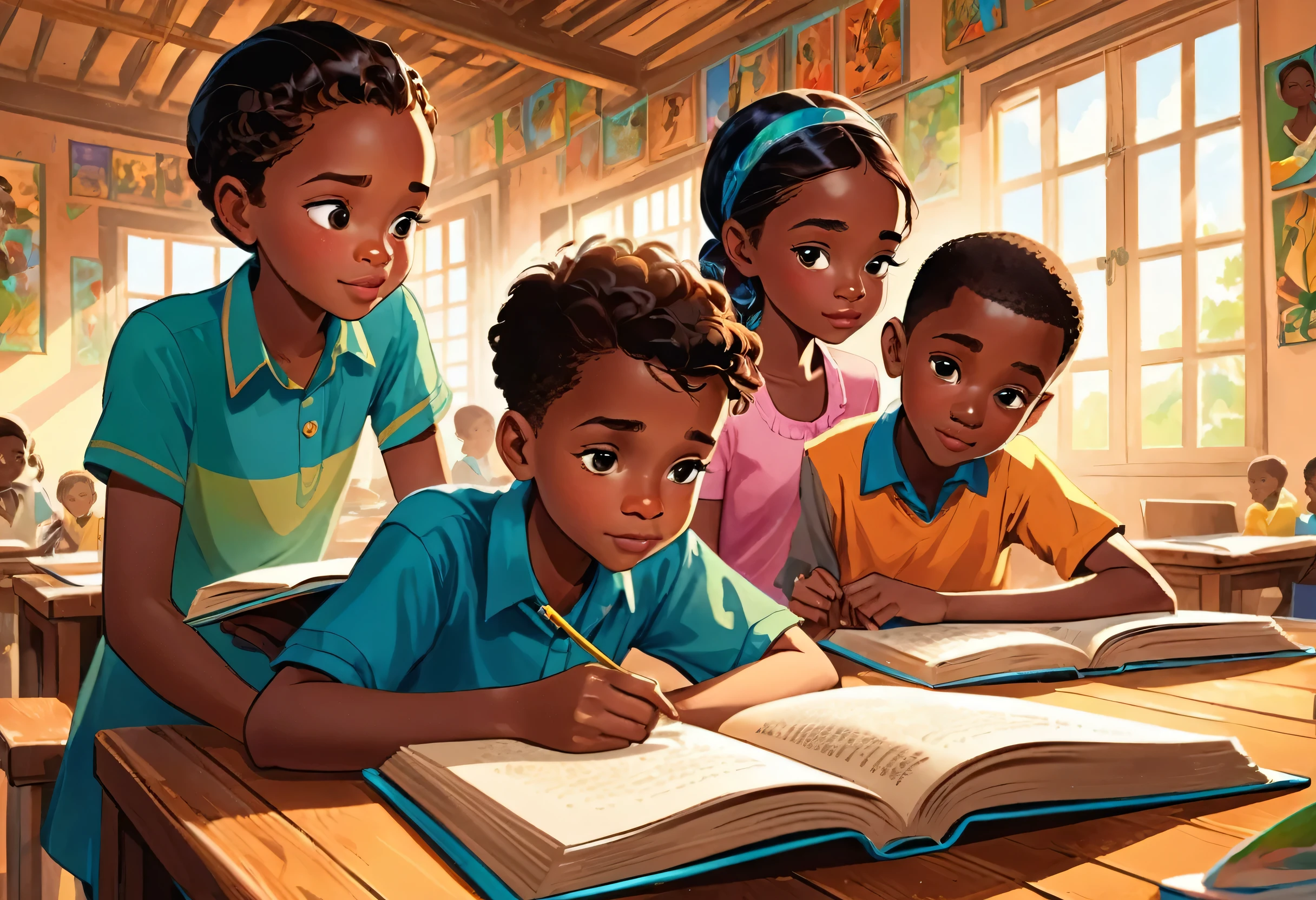 Two boys and a girl of 11 years old, (African) reading a book in a beautiful classroom (masterpiece best quality:1.2) delicate illustration ultra-detailed,  (disney-related event) indoor, (classroom),  detailed background, illustrations, bright, colourful, 