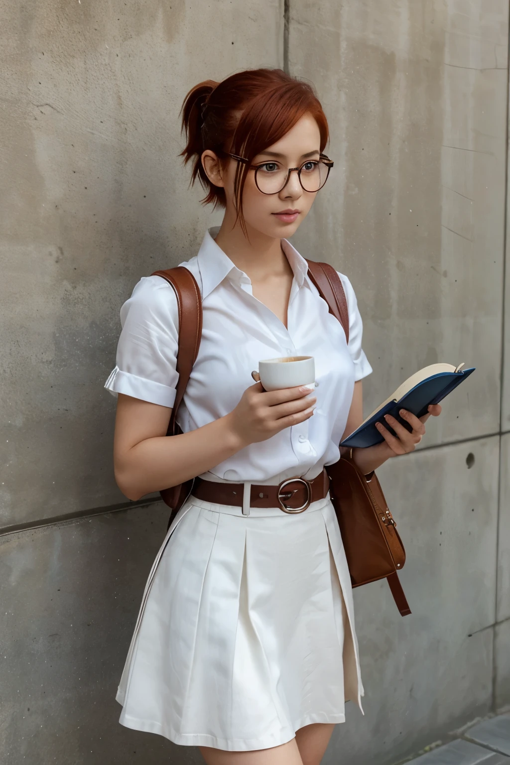 1girl, reference sheet, short red hair pulled back in little ponytail, book in hand, sumeru, glasses, pen, porcelain cup, long straight blue skirt, white silk shirt, magic, genshin impact, an eagle on the shoulder, brown eyes, research bag over her shoulder, dendro eye of the god, freckles, leather gloves, catalyst