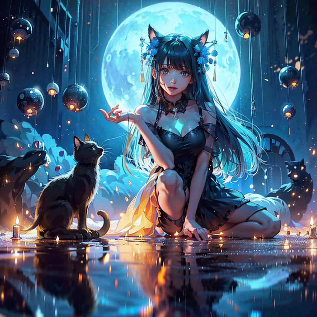 Beautiful moonlit night seaside, waves illuminated by moonlight, Calm and quiet waves、Very beautiful cat ears woman looking at you on the beach at night, mysterious smile, beautiful black eyes, long black hair, (( The woman's face is beautiful and detailed)), Wet and glowing, black dress, black semi-long cart, Barefoot)), ((highest quality)), ((high resolution 16k)), ((The background is realistic and beautiful.)), --automatic