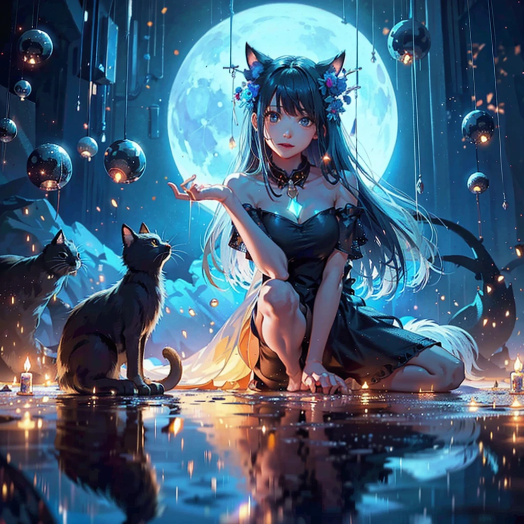 Beautiful moonlit night seaside, waves illuminated by moonlight, Calm and quiet waves、Very beautiful cat ears woman looking at you on the beach at night, mysterious smile, beautiful black eyes, long black hair, (( The woman's face is beautiful and detailed)), Wet and glowing, black dress, black semi-long cart, Barefoot)), ((highest quality)), ((high resolution 16k)), ((The background is realistic and beautiful.)), --automatic
