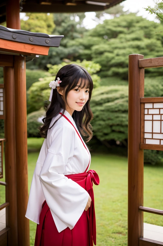 Red hakama, red Japanese style pants, Main hall of the shrine, Shrine maiden, ((full body)), ((photo)), ((best qualtiy, 8K, tmasterpiece: 1.3)), Focus: 1.2, perfect figure beautiful girl: 1.4, 1girl, cowboy shot, look at viewer, incredibly absurd, beautiful and cute girl with a photorealistic face, showcasing top-quality craftsmanship, Japanese girl sweeping the garden at the shrine, , Her hair is half-up with smooth curls, glossy jet black long hair, Gentle features, Big deep brown eyes, Small face, Fair skin, Translucent, Smooth and silky skin, Natural eyebrow shape, Thin lips, Soft smile,, delicate, Well-balanced proportions, B cup small breasts, Simple and elegant shrine maiden costume, White robe and red hakama,, Beautiful girl, Clean, Healing, Moe, Elegant manners, kind, tolerant, humour, sincere, deep faith, January