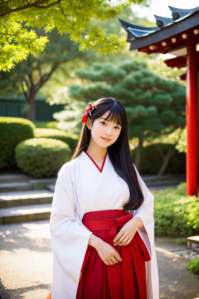 Red hakama, red Japanese style pants, Main hall of the shrine, Shrine maiden, ((full body)), ((photo)), ((best qualtiy, 8K, tmasterpiece: 1.3)), Focus: 1.2, perfect figure beautiful girl: 1.4, 1girl, cowboy shot, look at viewer, incredibly absurd, beautiful and cute girl with a photorealistic face, showcasing top-quality craftsmanship, Japanese girl sweeping the garden at the shrine, , Her hair is half-up with smooth curls, glossy jet black long hair, Gentle features, Big deep brown eyes, Small face, Fair skin, Translucent, Smooth and silky skin, Natural eyebrow shape, Thin lips, Soft smile,, delicate, Well-balanced proportions, B cup small breasts, Simple and elegant shrine maiden costume, White robe and red hakama,, Beautiful girl, Clean, Healing, Moe, Elegant manners, kind, tolerant, humour, sincere, deep faith, January