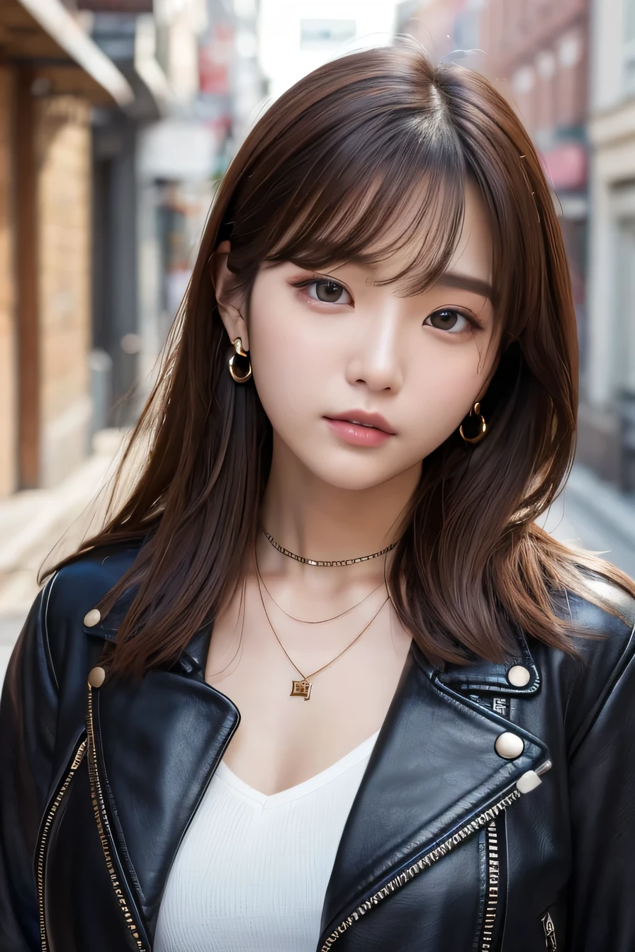 Beautiful Young Woman of the Year、 Korean women、Brown Hair、Necklace around the neck、leather jacket、shirt、Expressionless、Eye patch on one eye、Intricate details, Very detailed:1.2), 、 Looking into the camera,The background is the town、ear piercing