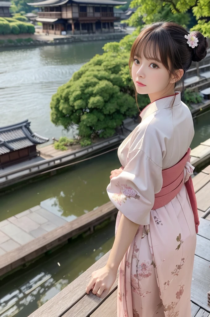 Japanese women、26 years old、princess、Hairpin、Bun Head、Pink kimono、Brown Hair、bangs、(RAW shooting, Photorealistic:1.5, 8k, highest quality, masterpiece, Ultra-high resolution), ((The background is the streetscape of the Edo period.、Old house、River side、))、Farmer、Rural Scenery、countryside、Highly detailed skin and facial textures:1.2, Cute like an idol、aesthetic, Cute and sexy beauty, Perfect Style:1.2, Fair skin, Very beautiful face, Glowing White Skin, (Mid-chest)、Dutch Angle、Low - Angle、Shooting from behind、Walking、