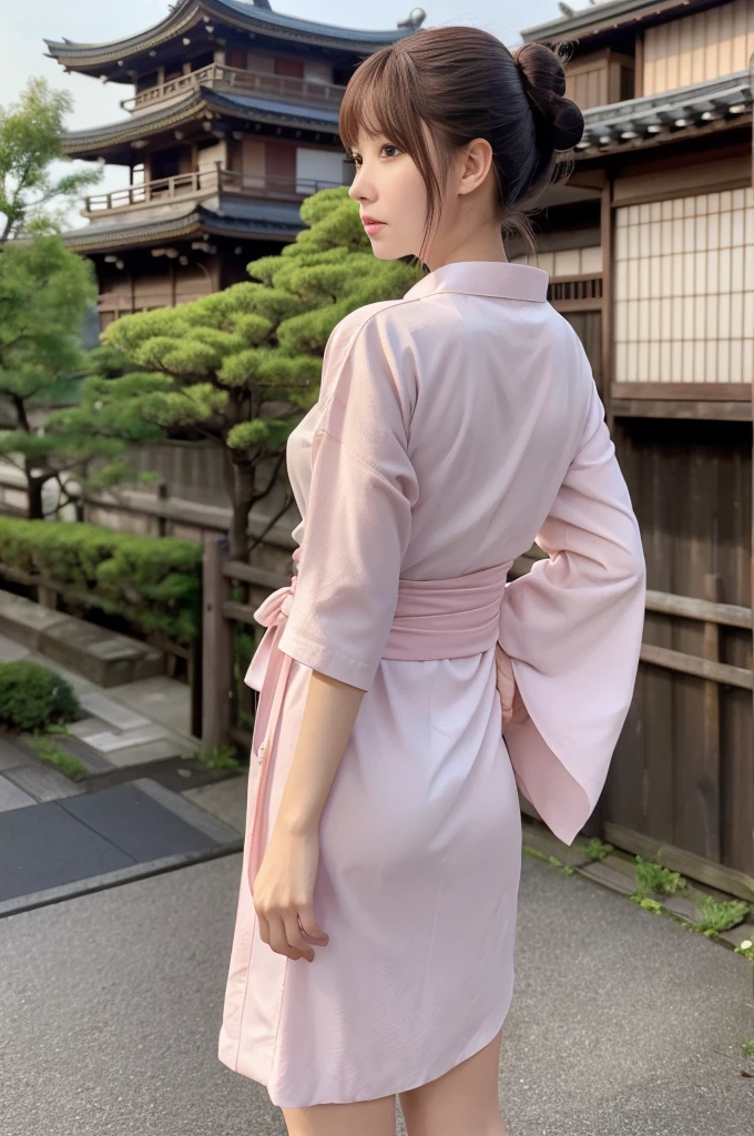 Japanese women、26 years old、princess、Hairpin、Bun Head、Pink kimono、Brown Hair、bangs、(RAW shooting, Photorealistic:1.5, 8k, highest quality, masterpiece, Ultra-high resolution), ((The background is the streetscape of the Edo period.、Old house、River side、))、Farmer、Rural Scenery、countryside、Highly detailed skin and facial textures:1.2, Cute like an idol、aesthetic, Cute and sexy beauty, Perfect Style:1.2, Fair skin, Very beautiful face, Glowing White Skin, (Mid-chest)、Dutch Angle、Low - Angle、Shooting from behind、Walking、