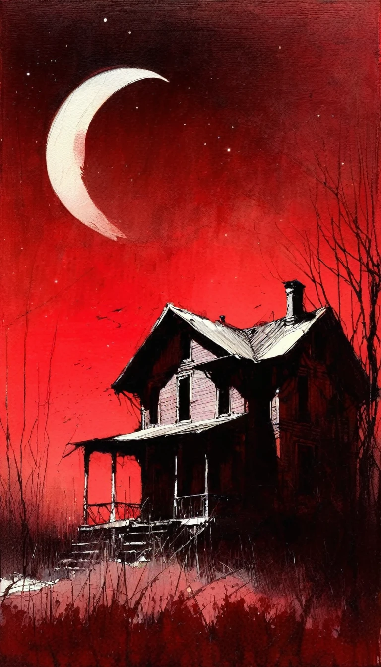 abandoned house and moon, red tones, simple drawing,(art inspired by Bill Sienkiewicz,). oil painting)