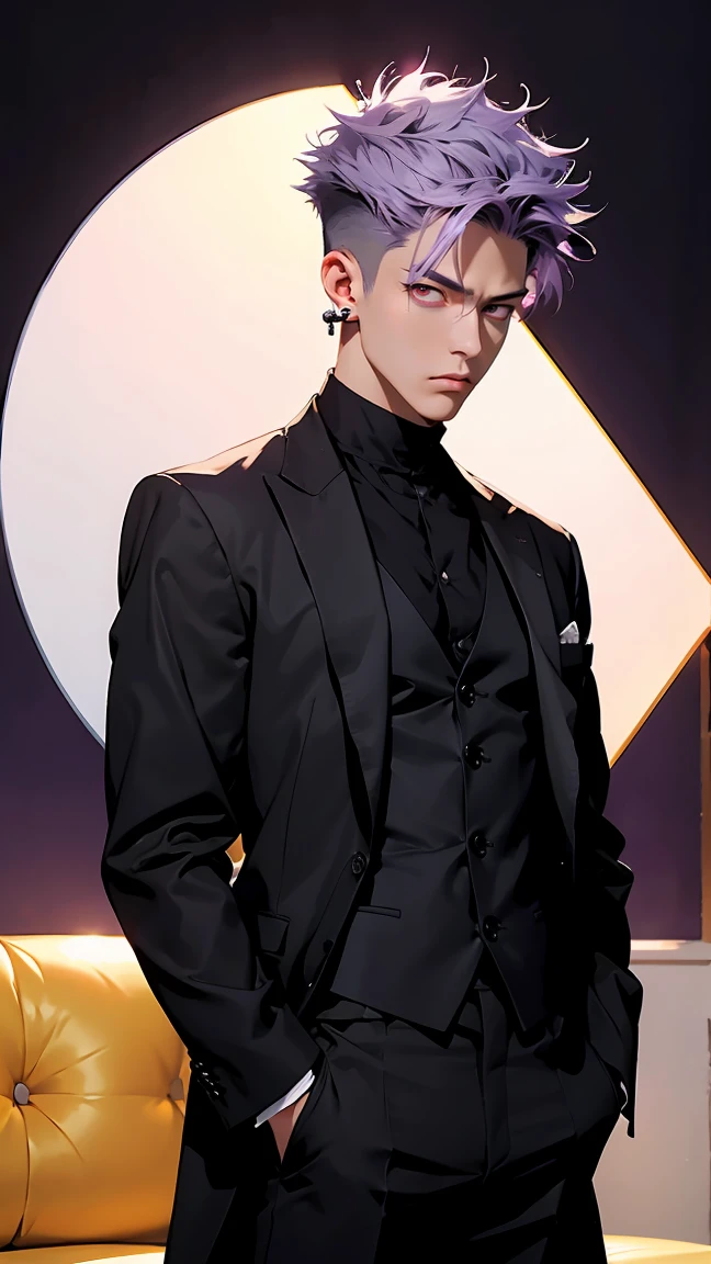 highest quality, 8K, high resolution image, anime style Jujutsu Kaisen, (Cell of Empireo/Seodoa Riddle), detailed strokes, bored look , blurred, purple light reflecting from it, 1 man, young, male, model, hand in pocket, cool guy, multicolored Background with various geometric shapes, around stickers, muscular, light purple hair, spiky hair ,swollen chest, RED EYES, a black modern suit, black gloves, golden earrings
Background: Room, living room, sofa,