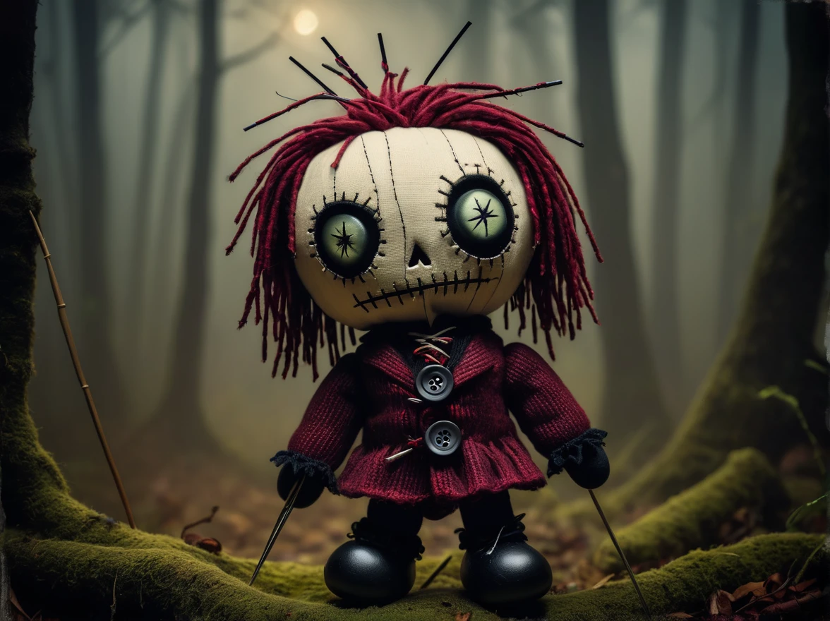 (knitted toy voodoo doll: 1.2), (voodoo has needles sticking out: 1.5), triangle-shaped button eyes, gloomy atmosphere, background - dark, ominous forest with fog, gothic aesthetics, a sense of mystery and magic, best quality, masterpiece, soft oil painting, detailed background, dramatic cinematic lighting, soft edge lighting, professional, dramatic lighting, hard edge lighting, ultra quality, 4k, masterpiece, best quality, 8k, super high definition, high definition, extremely detailed