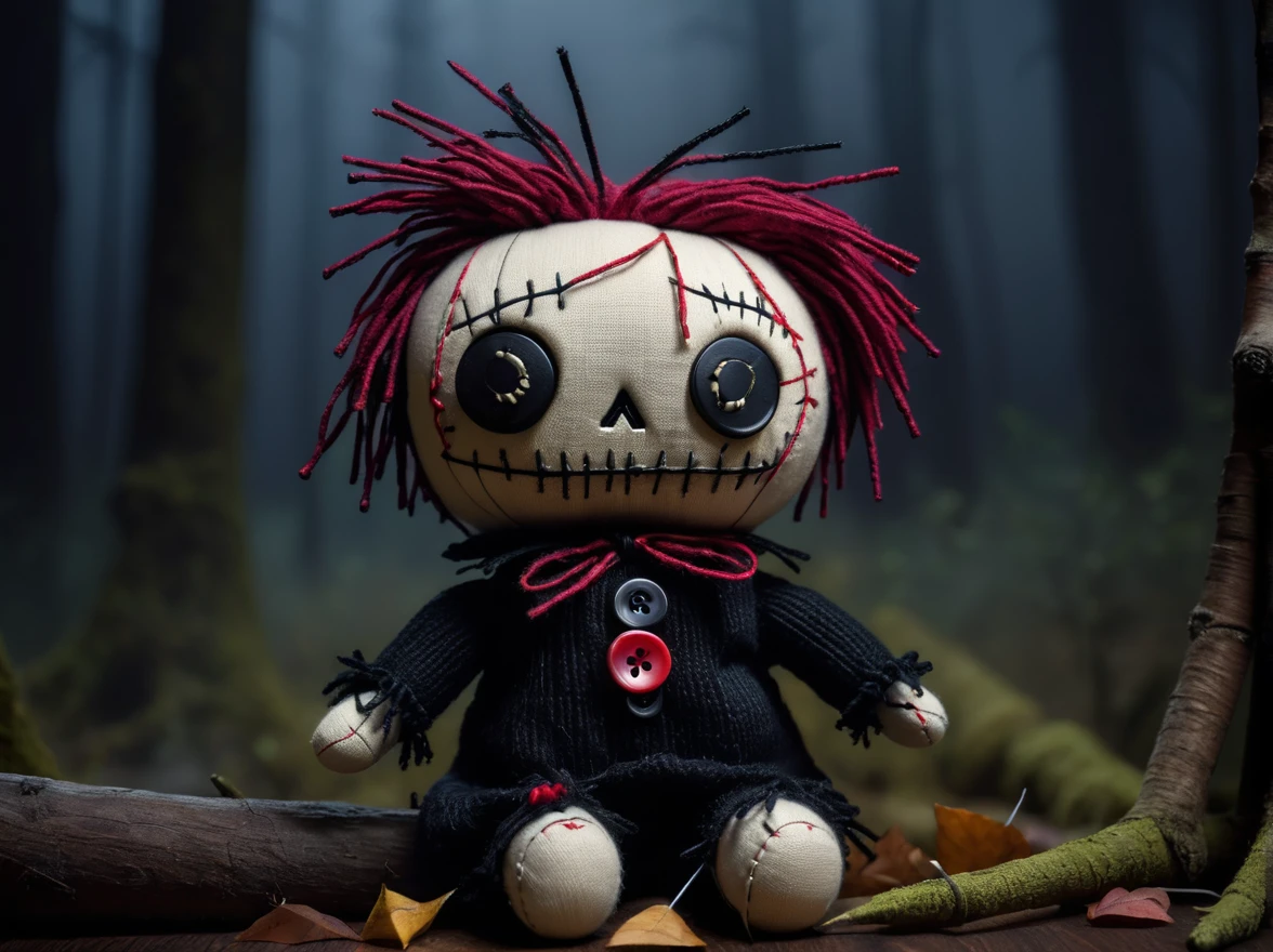 (knitted toy voodoo doll: 1.2), (voodoo has needles sticking out: 1.5), triangle-shaped button eyes, gloomy atmosphere, background - dark, ominous forest with fog, gothic aesthetics, a sense of mystery and magic, best quality, masterpiece, soft oil painting, detailed background, dramatic cinematic lighting, soft edge lighting, professional, dramatic lighting, hard edge lighting, ultra quality, 4k, masterpiece, best quality, 8k, super high definition, high definition, extremely detailed