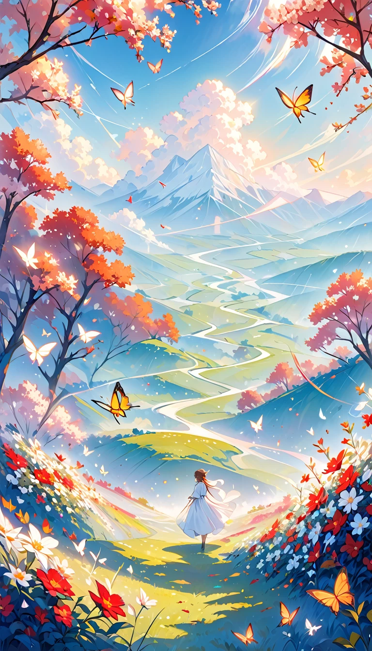 This is a landscape painting with a dreamy foreground, highlighting lines and minimalism in a state of transparent white gauze; The background features flying wreaths, butterflies, using the Moranti color scheme in an abstract sci-fi style