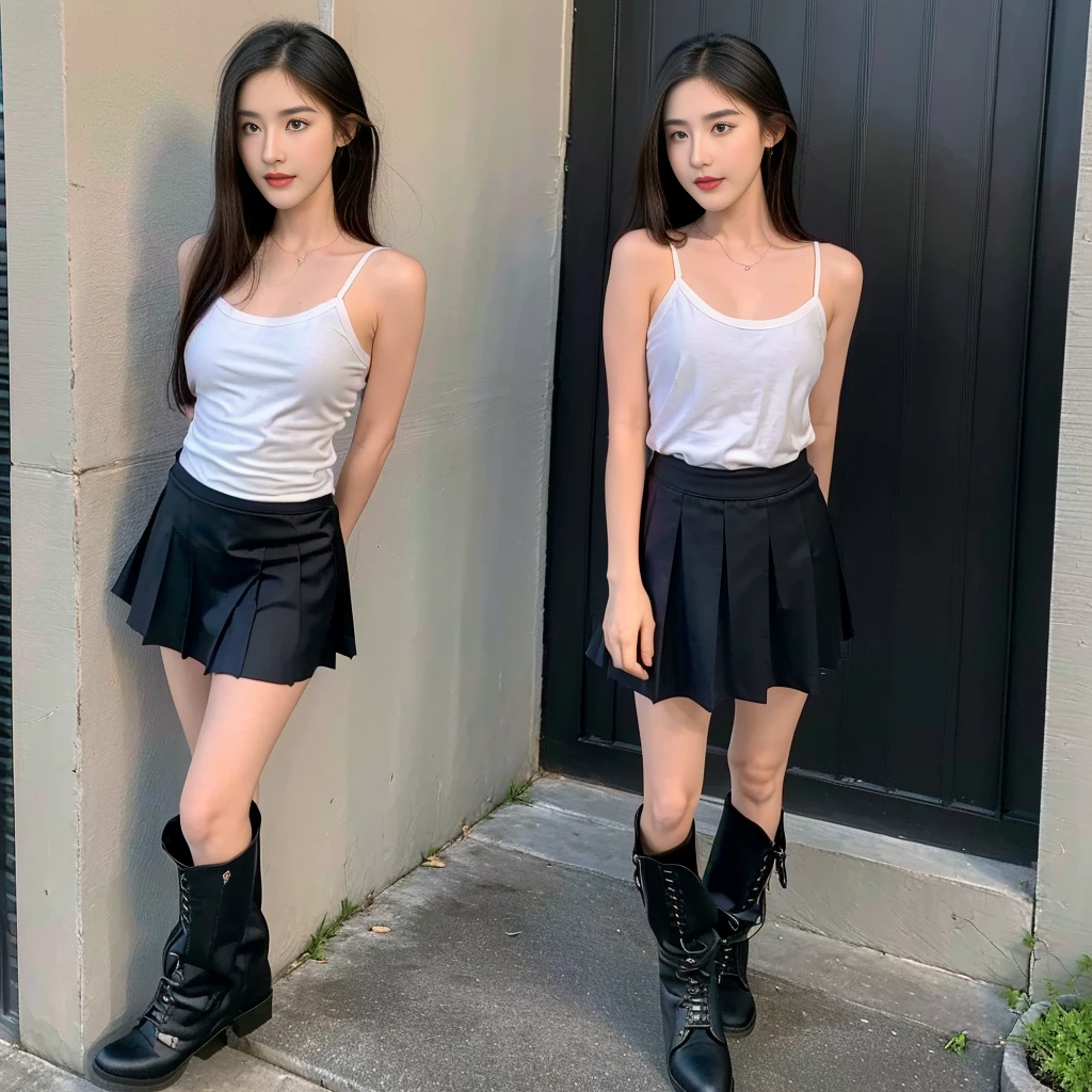 girl 20 old, (Skirt full thigh), (knee-length outfit), (hair curled on both sides), (center shoes shot), ((full-body standing image)), (cover knee), (white t shirt), (Scottish pleated skirt), (bare shoulders), (bare arms), twinsies、The ultra-detailliert, (white t shirt), (cotton spaghetti-strap top), (cotton spaghetti-strap top), (cotton spaghetti-strap top), (cotton spaghetti-strap top), (long skirt), (A hem full flared skirt), (Hem full flared dress), (a girl pretty girl with perfect figure), (a photo of the night sky), (32K,1 20-year-old girl, The light from the rear room is backlit, Ray traching), (full body), (two-parted hair), (very thick hair), (Slender chest), (short upper chest), (pectoral muscles are large), (upper breasts are firm and round), (stand upright), (two shoe ends), (two shoe toes) ,(put on blush), (apply powder), (makeup), (standing), (asian girl princess), (Black non-reflective fabric for making skirt), (dark skirt), (thick thighs), (large calves), (large knees), (one-piece skirt), (seamless skirt), (long shins) , (big shins), (A hem full flared skirt), (Hem full flared dress), (A hem full flared skirt), (thighs meets knee), (black skirt), (black skirt), (black skirt), (black skirt), (knee gap), (knee gap), (knee gap), (Expose cleavage :1.3), (Scottish pleated midi skirt) (Super fine face and eyes), (Highly detailed face and skin texture, Detailed eyes, Double eyelid), (stading shot), (stading shot), , (Scottish pleated midi skirt), (Scottish pleated midi skirt), (knee-length outfit), (knee-length outfit), (knee-length outfit), (knee-length outfit), (Skirt full thigh), (Skirt full thigh), , (white sneakers), (a pair of white leather boots, highly detailed boots)