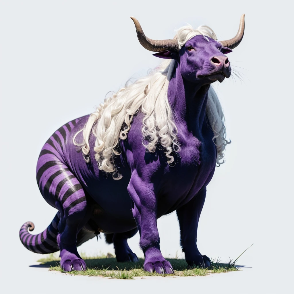 Big Animaly, has purple stripes on his skin, (has long horns), his body is shaped like a big bull but his face is like a ant and snail, own Curly hair, white hair colour, Grassroots in the forest background