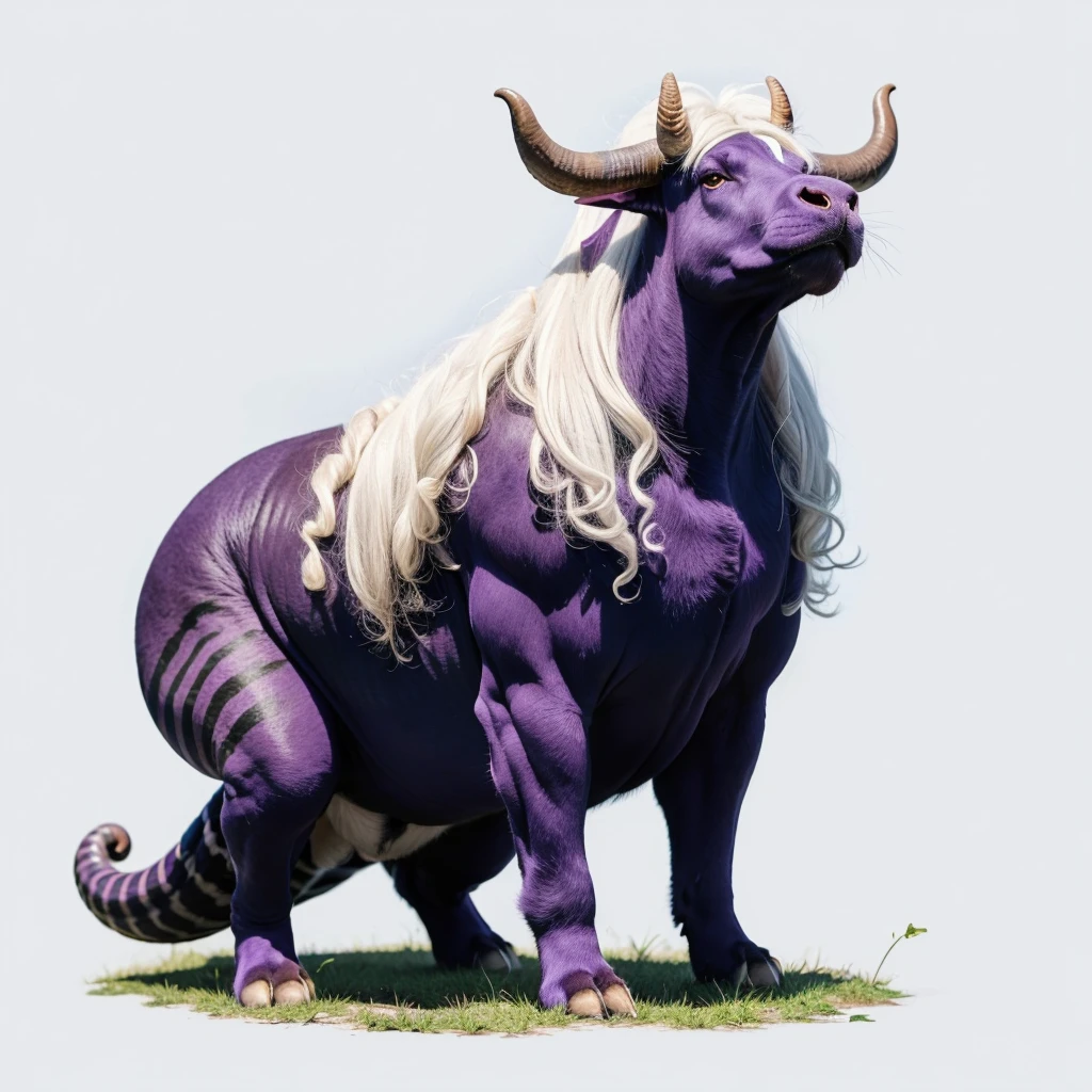 Big Animaly, has purple stripes on his skin, (has long horns), his body is shaped like a big bull but his face is like a ant and snail, own Curly hair, white hair colour, Grassroots in the forest background