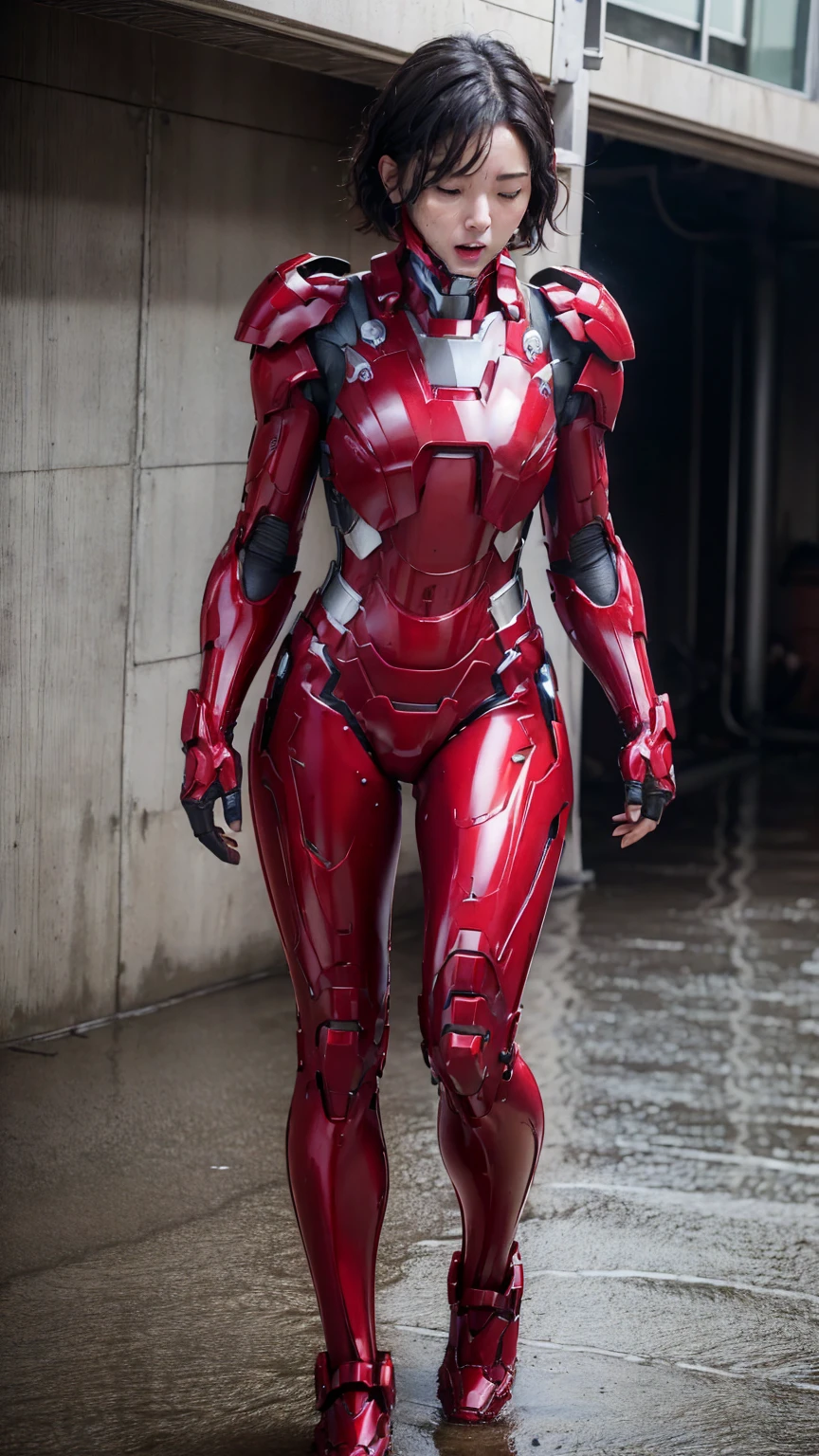 highest quality　8k red armor　Iron Man Suit　Middle-aged women　　Sweaty face　　short hair　　Steam coming out of my head　My hair is wet with sweat　Black Hair　((Falling to the ground))　Injury　Full body portrait　