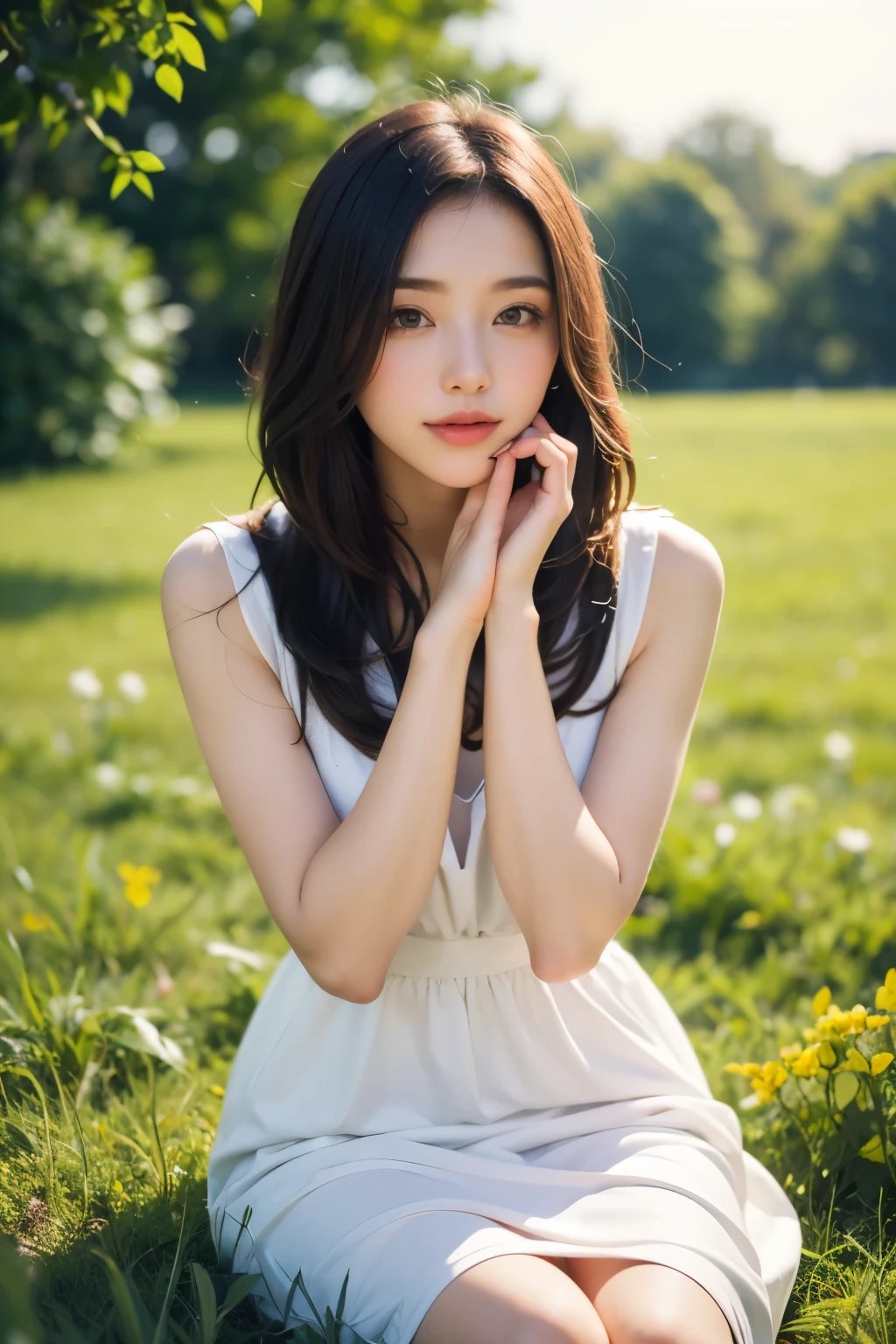 (masterpiece, best quality),1Beautiful girl with long white hair sitting in a field of green plants and flowers, Her hands are under her chin, warm lighting, white dress, blurry view