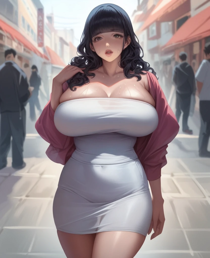 (nsfw),masterpiece,ultra detailed,hyperrealistic anime,curvy seductive woman,(tareme,thick lips),long black hair,blunt bangs,wavy hair,tubetop white blouse,short skirt,see-through stall,make-up,huge breasts,at crowded street,sweaty,look at viewer