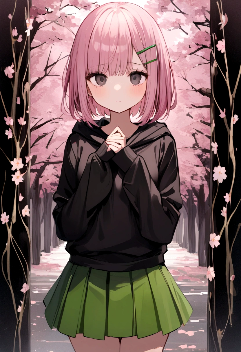cherry blossom pink short hair, black eyes with no pupil, 1girl, Black japanese hoodie, Green short Skirt, No emotions Showing, cherry blossom with hint of green hairpin