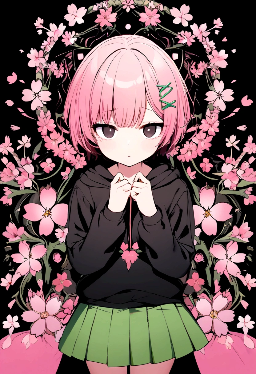 cherry blossom pink short hair, black eyes with no pupil, 1girl, Black japanese hoodie, Green short Skirt, No emotions Showing, cherry blossom with hint of green hairpin
