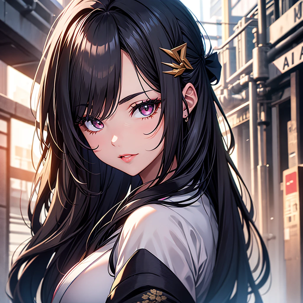 (1girl:1.3), Masterpiece, Best quality, amazing beauty, [[3D]], 4K, absurdres, finely detail, super detailed eye, perfect anatomy, official art, cinematic lighting, BREAK, sandy beach, silky long hair, silky straight hair, black hair, super shiny detailed black eye, big eyes, cute eyes, thick eyebrow, Looking at Viewer(camera), Looking Back, close -mouth, full lips, Eyeliner, False eyelashes, red lips, hairpin, happy face, BREAK , big breasts, tall, slender, glistening skin, arms behind back, face close-up,  from front, BREAK , , BREAK,(kimono:1.3)
