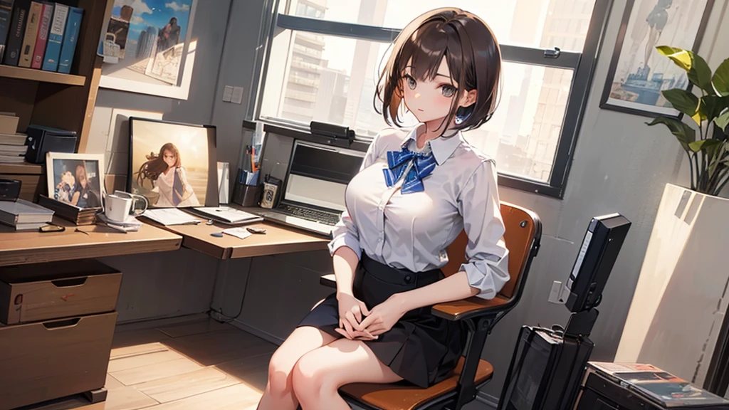 (((1 girl))), masterpiece, highest quality, Ultra-realistic 8k CG, Perfect artwork, Image of a perfect woman, Perfect hands,((Cowboy Shot)) ,Medium Bob,(During lunch break),((Sit on a chair)),In the office,Ash Brown Hair,fine,I like it,colleague,Office casual attire,modern