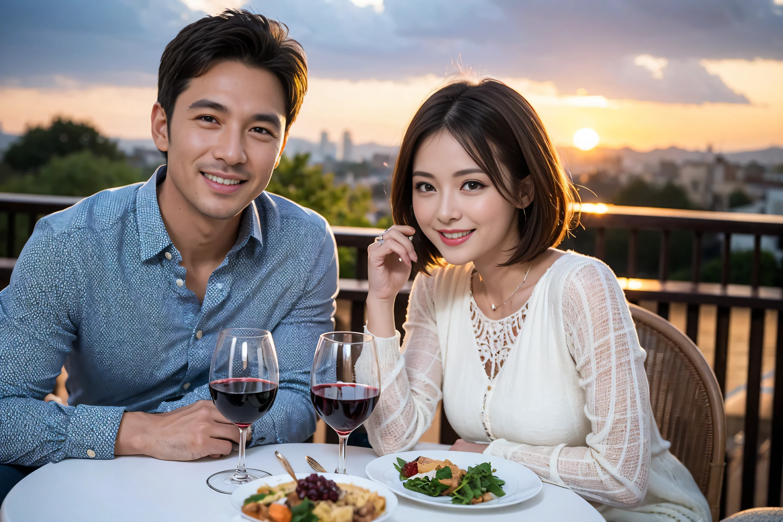 ((highest quality、8k、masterpiece:1.3))、 (Genuineistic, Genuine、Bright image、Intricate details:1.2), Best smile 1 man 1 woman、Beautiful Couple、spouse、Couple、spouse、Beautiful Couple、Smile、full-course dinner、 (Slim face), (The body is slim), (Brown Hair), (short hair), Wine glass on the table、Please shine a light on my face、 Amazing view of the sunset sky and clouds、 (42 years old), 39 years old, red wine 、Appetizers、Wine bottle、sparkling wine、Long sleeve shirt、dress、White wine, red wine, wine glass,
