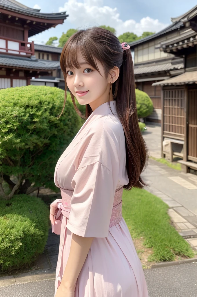 Japanese women、26 years old、princess、Hairpin、Bun Head、Pink kimono、Brown Hair、bangs、(RAW shooting, Photorealistic:1.5, 8k, highest quality, masterpiece, Ultra-high resolution), ((The background is the streetscape of the Edo period.、Old house、))、Farmer、Rural Scenery、countryside、Highly detailed skin and facial textures:1.2, Cute like an idol、aesthetic, Cute and sexy beauty, Perfect Style:1.2, Fair skin, Very beautiful face, Glowing White Skin, (Mid-chest)、Dutch Angle、Low - Angle、Shooting from the side、Walking、smile、