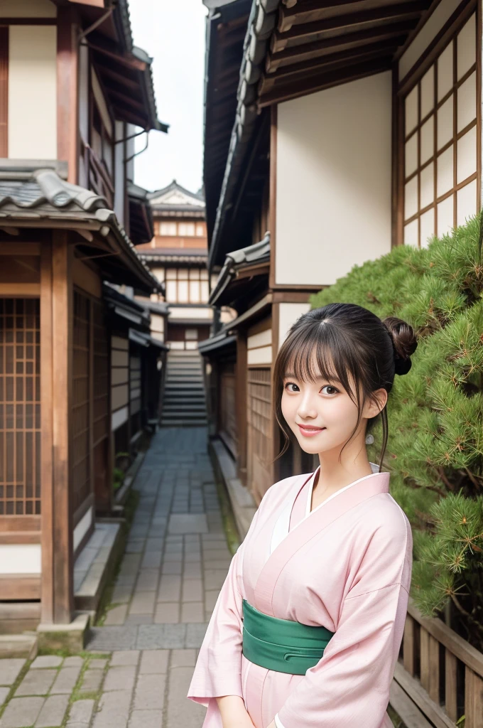 Japanese women、26 years old、princess、Hairpin、Bun Head、Pink kimono、Brown Hair、bangs、(RAW shooting, Photorealistic:1.5, 8k, highest quality, masterpiece, Ultra-high resolution), ((The background is the streetscape of the Edo period.、Old house、))、Farmer、Rural Scenery、countryside、Highly detailed skin and facial textures:1.2, Cute like an idol、aesthetic, Cute and sexy beauty, Perfect Style:1.2, Fair skin, Very beautiful face, Glowing White Skin, (Mid-chest)、Dutch Angle、Low - Angle、Shooting from the side、Walking、smile、