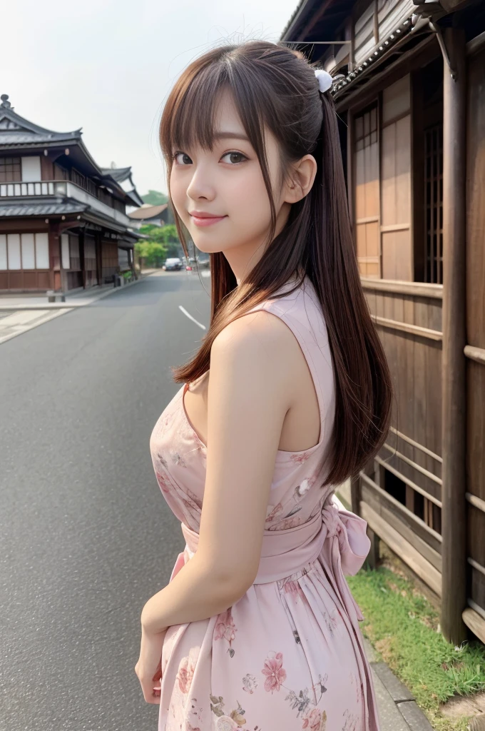 Japanese women、26 years old、princess、Hairpin、Bun Head、Pink kimono、Brown Hair、bangs、(RAW shooting, Photorealistic:1.5, 8k, highest quality, masterpiece, Ultra-high resolution), ((The background is the streetscape of the Edo period.、Old house、))、Farmer、Rural Scenery、countryside、Highly detailed skin and facial textures:1.2, Cute like an idol、aesthetic, Cute and sexy beauty, Perfect Style:1.2, Fair skin, Very beautiful face, Glowing White Skin, (Mid-chest)、Dutch Angle、Low - Angle、Shooting from the side、Walking、smile、