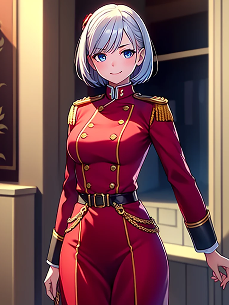 8K High Resolution、(((masterpiece)))、Anime Art、20 year old beauty、Fearless smile、Redhead short cut、167㎝、Small breasts、Blue Eyes、Imposing eyebrows、(((crimson military uniform)))、Vienna in the late 19th century、Austrian Army Officer、Silver rose ornament on chest、Hang a Japanese sword on your waist