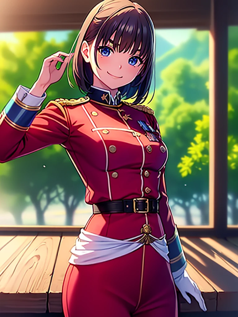 8K High Resolution、(((masterpiece)))、Anime Art、20 year old beauty、Fearless smile、Redhead short cut、167㎝、Small breasts、Blue Eyes、Imposing eyebrows、(((crimson military uniform)))、Vienna in the late 19th century、Austrian Army Officer、Silver rose ornament on chest、Hang a Japanese sword on your waist