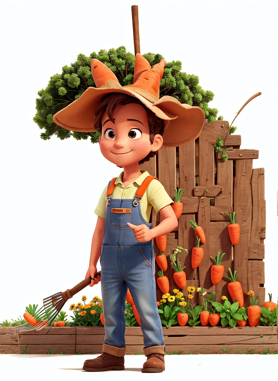 A gardener in overalls in a carrot field holding a rake in one hand and having a thumbs up in the other hand
