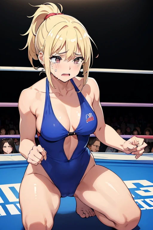 (high resolution:1.3), (16k, Detailed Images), Professional wrestling ring、boxing、負けたGirl、(Girl、naked、Crying face:1.4、Blonde ponytail)、thigh