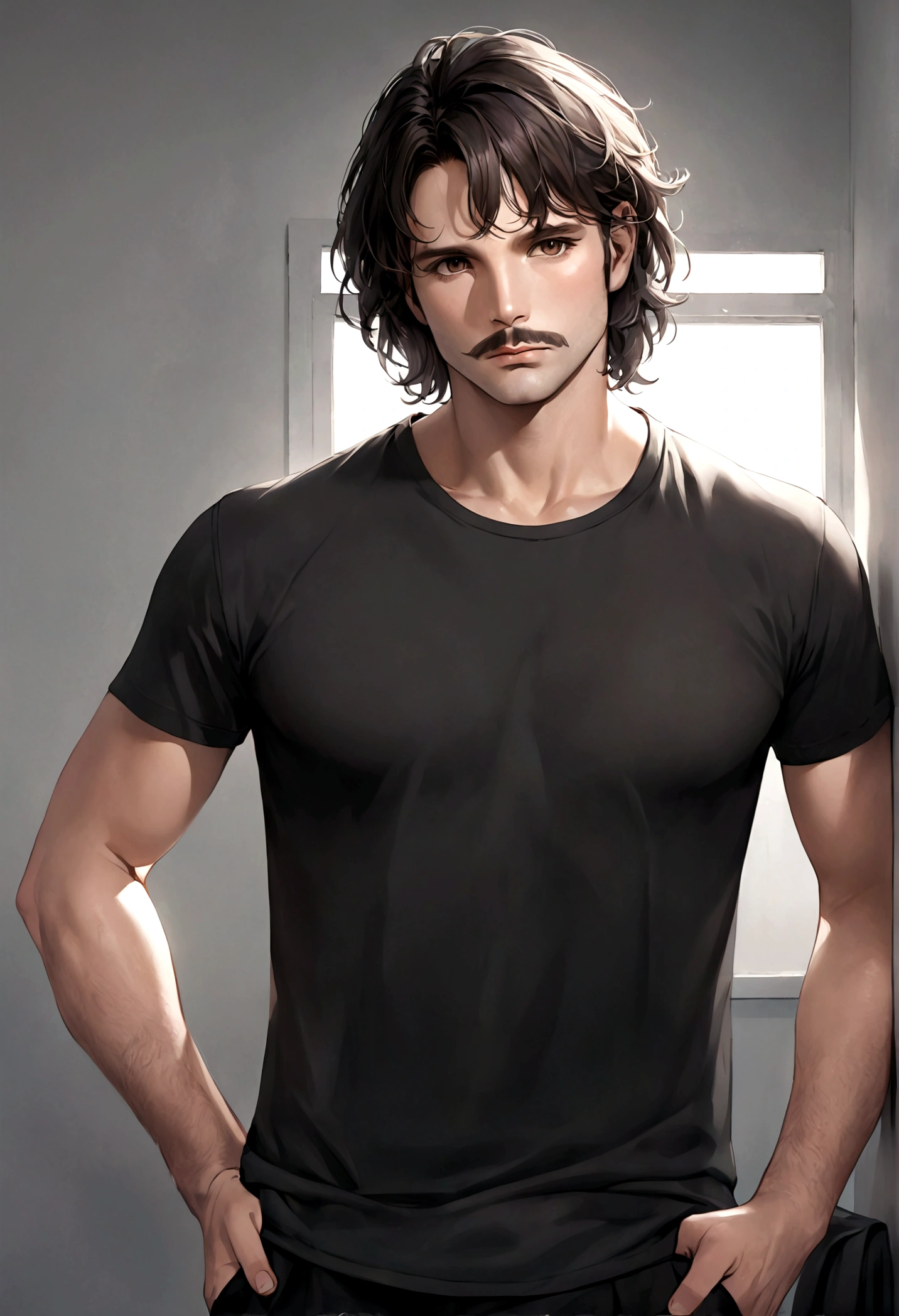 (traje de etiqueta para hombre), ), ((barba y bigote estilo Van Dyke)), (light brown eyes), Aspecto atractivo y serio, cabello largo oscuro, messy hair, Elegante y con estilo, Camiseta de cuerpo fuerte , Un hombre similar al actor Jim Morrison, (Imagen realista y de alta calidad), Apartamento escandinavo en el fondo simple de un cuarto, ((La mejor calidad, 8K, obra maestra).((pose dinamica))