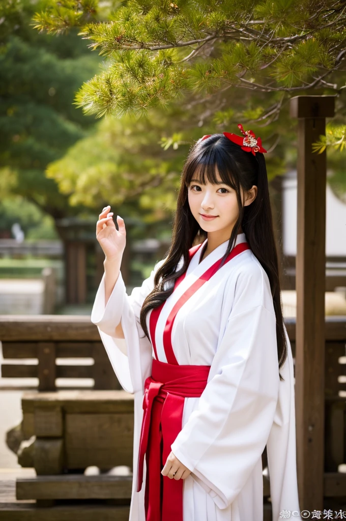 Red hakama, red Japanese style pants, Main hall of the shrine, Shrine maiden, ((full body)), ((photo)), ((best qualtiy, 8K, tmasterpiece: 1.3)), Focus: 1.2, perfect figure beautiful girl: 1.4, 1girl, cowboy shot, look at viewer, incredibly absurd, beautiful and cute girl with a photorealistic face, showcasing top-quality craftsmanship, Japanese girl sweeping the garden at the shrine, 17 years old, Her hair is half-up with smooth curls, glossy jet black long hair, Gentle features, Big deep brown eyes, Small face, Fair skin, Translucent, Smooth and silky skin, Natural eyebrow shape, Thin lips, Soft smile,, delicate, Well-balanced proportions, B cup small breasts, Simple and elegant shrine maiden costume, White robe and red hakama,, Beautiful girl, Clean, Healing, Moe, Elegant manners, kind, tolerant, humour, sincere, deep faith, January