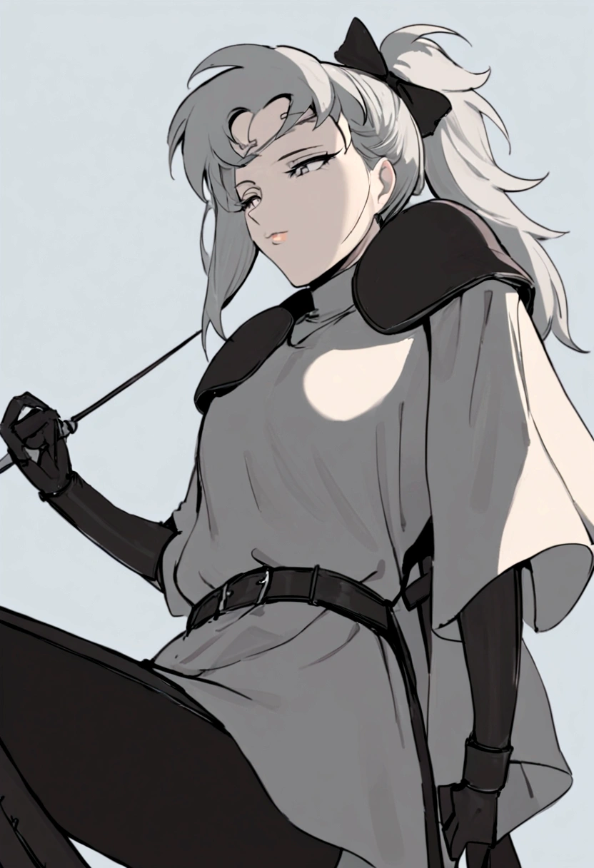 Um elfo pouco femboy, com orelhas pontudas e olhos azuis brilhantes. Ele tem cabelos longos e lisos, de cor prateada, with a strand of hair falling on the forehead and a small ponytail tied at the back of the neck. Your expression is cold and murderous. He is dressed in a simple light-colored tunic, dark pants and boots that reach mid-calf. Wear a belt with a sheath hanging from it. Features leather bracers and a hair bow at the back. Your face is extremely beautiful, Delicate lips, the irises of your eyes are sharp like a feline's, mostrando um olhar afiado e belo, quase feminino. The character is in combat pose, elegante, with the rapier raised and the appearance of a leader.