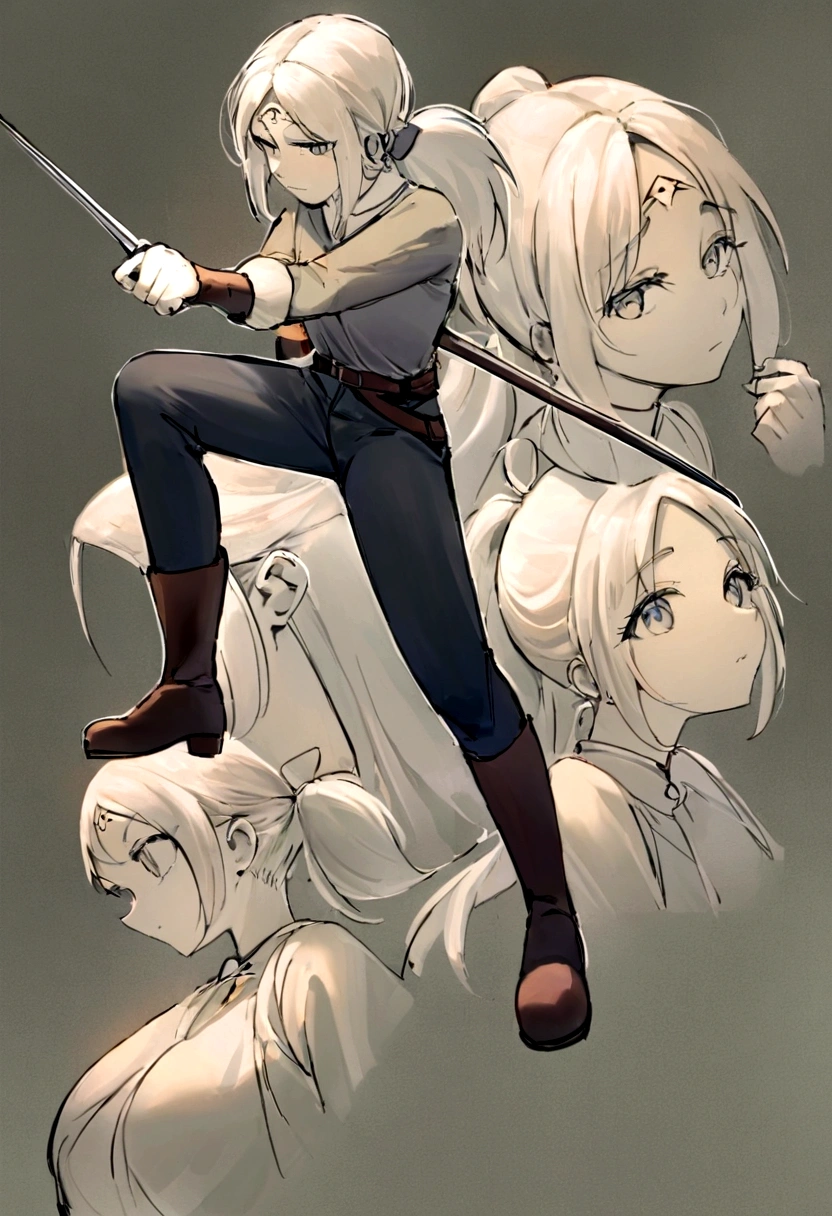 Um elfo pouco femboy, com orelhas pontudas e olhos azuis brilhantes. Ele tem cabelos longos e lisos, de cor prateada, with a strand of hair falling on the forehead and a small ponytail tied at the back of the neck. Your expression is cold and murderous. He is dressed in a simple light-colored tunic, dark pants and boots that reach mid-calf. Wear a belt with a sheath hanging from it. Features leather bracers and a hair bow at the back. Your face is extremely beautiful, Delicate lips, the irises of your eyes are sharp like a feline's, mostrando um olhar afiado e belo, quase feminino. The character is in combat pose, elegante, with the rapier raised and the appearance of a leader.