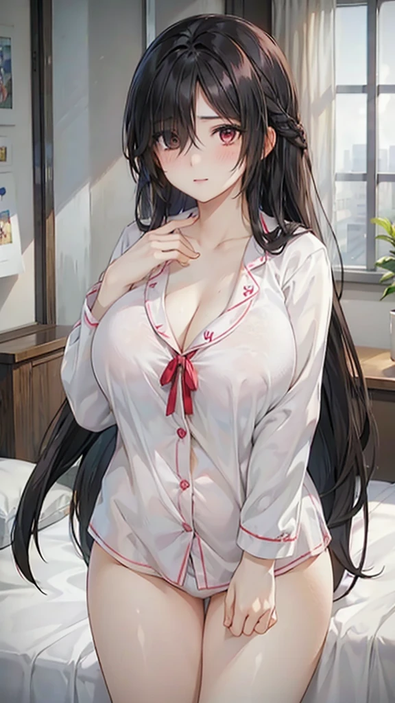 1girl,perfect ,black hair, long hair, (hair over one eye:1.4), messy hair, hair between eyes, plump, chubby,fat, busty breast, cute motif pajama, cute shy blush on , bedroom