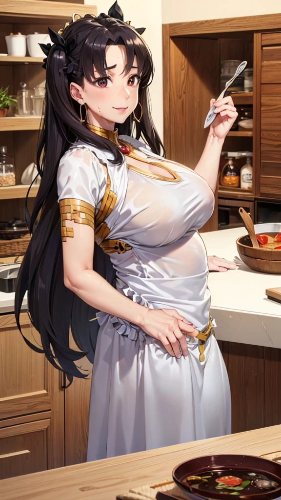 (Mature Woman:1.5), (mother:1.5), Ishtar, Fate Grand Order, (Absurd, 8k, 4K, Tabletop, Extremely detailed:1.2), highest quality, Perfect Anatomy,Perfect Face, High humidity, (alone:1.2), (Sweaty:1.3), shortness of breath, High humidity, humid, (Black Hair:1.1), Red eyes, Looking into the camera, (Very large breasts:1.5), Light clothing, apron, (kitchen;1.1), (Having a conversation:1.2), (Speech bubble:1.1), A kind smile, relief, peace of mind, mother性, Cooking, have a ladle, pot, pot-au-feu, Gentle look