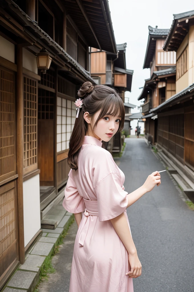 Japanese women、26 years old、princess、Hairpin、Bun Head、Pink kimono、Brown Hair、bangs、(RAW shooting, Photorealistic:1.5, 8k, highest quality, masterpiece, Ultra-high resolution), ((The background is the streetscape of the Edo period.、Old house、))、Farmer、Rural Scenery、countryside、Highly detailed skin and facial textures:1.2, Cute like an idol、aesthetic, Cute and sexy beauty, Perfect Style:1.2, Fair skin, Very beautiful face, Glowing White Skin, (Mid-chest)、Dutch Angle、Low - Angle、Shooting from behind、Walking、