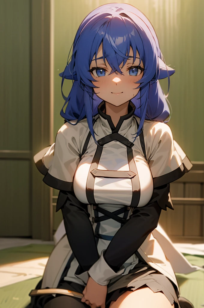 Love is overflowing、Staring at the audience、A little embarrassed、Smiling、Mushoku Tensei、Roxy、quiet、Grown-up、Perfect Face、Large Breasts、Ample breasts、Blue God、Wizard、Blue eyes、Roxy・ミグルディア