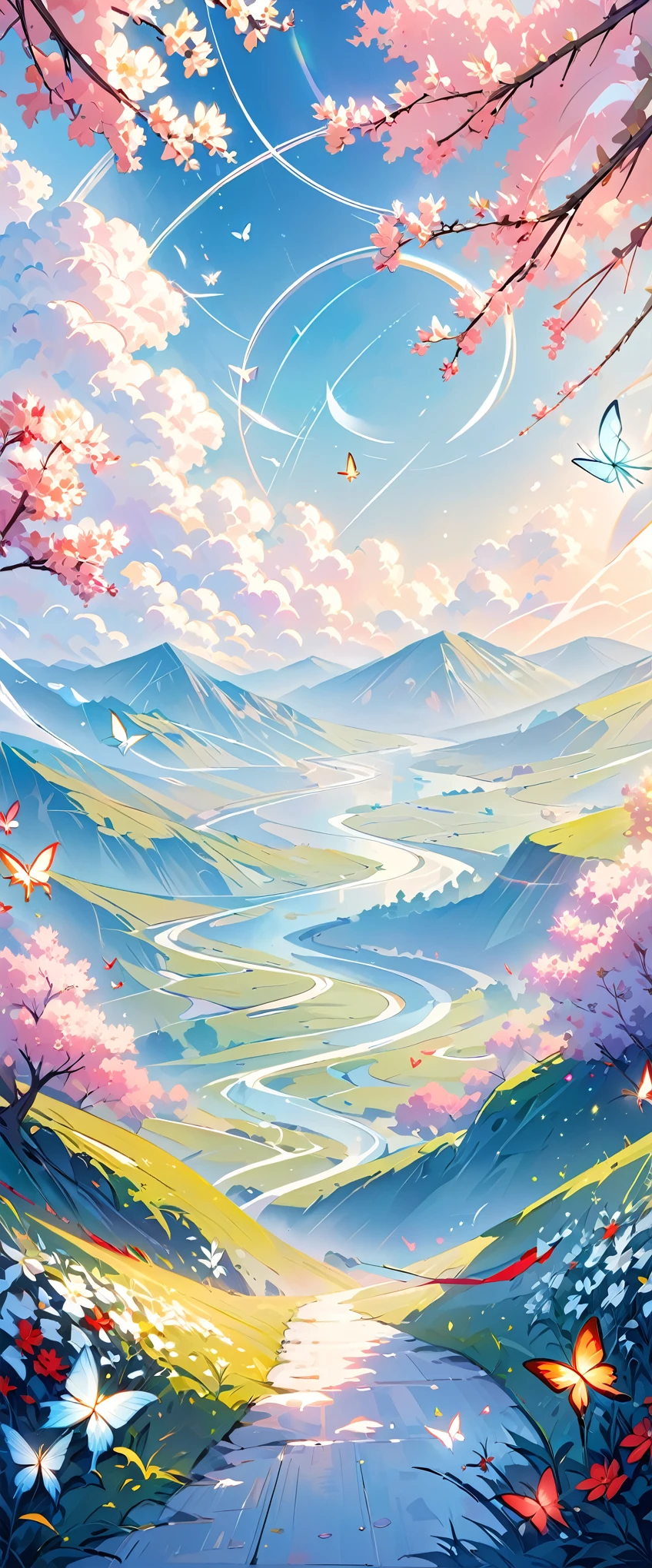 This is a landscape painting with a dreamy foreground, highlighting lines and minimalism in a state of transparent white gauze; The background features flying wreaths, butterflies, using the Moranti color scheme in an abstract sci-fi style