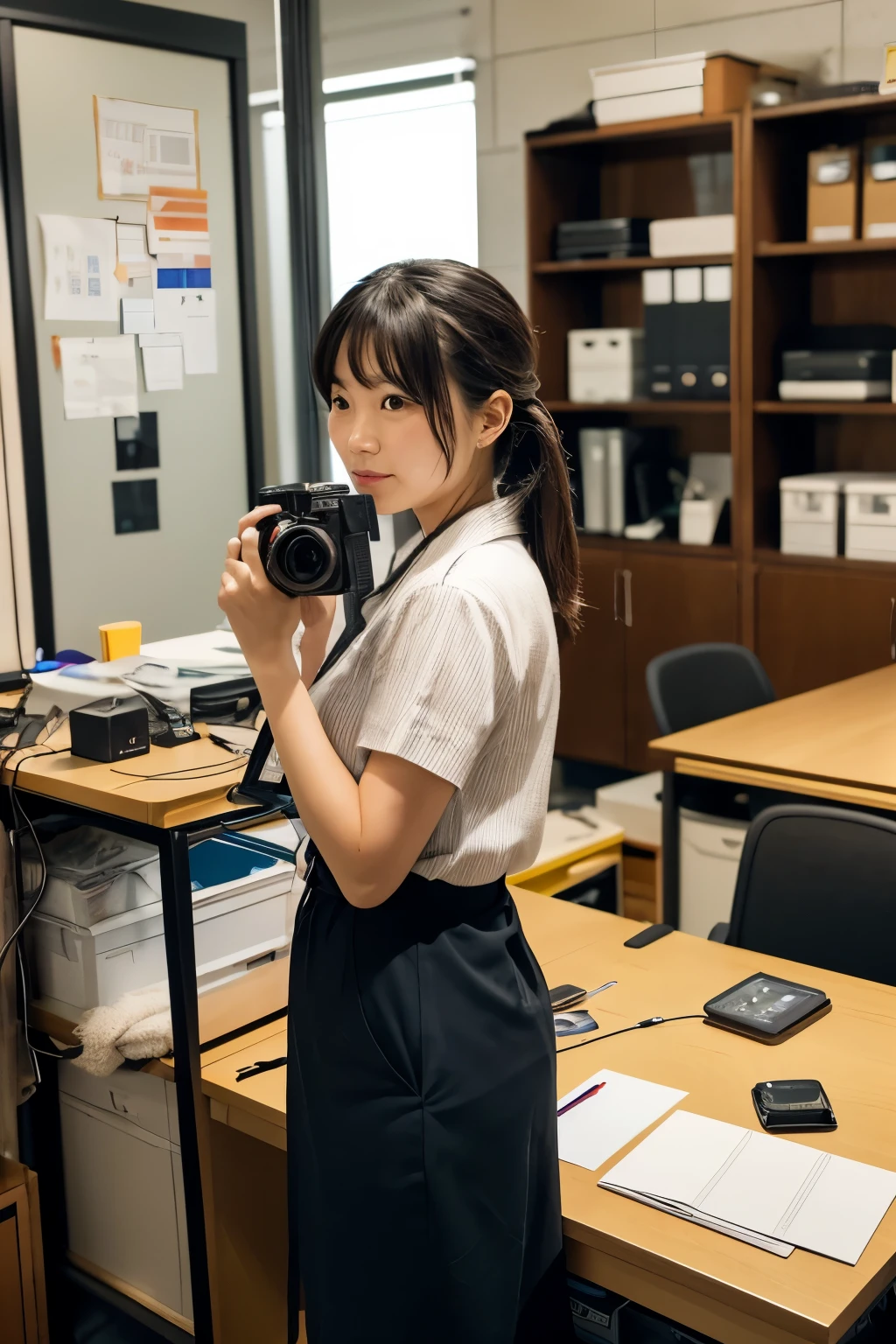 Please create a live-action image with the following elements: Inside an office - Cameras and lenses are lined up on a shelf - A Japanese woman is taking pictures with a camera and lens on a workbench at the back of the office - The image size should be 1200 pixels wide x 270 pixels high