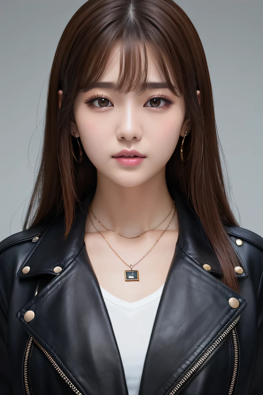 Beautiful Young Woman of the Year、 Korean women、Brown Hair、Necklace around the neck、leather jacket、shirt、Ahegao、Tears dripping from the mouth、Intricate details, Very detailed:1.2), 、 Looking into the camera,The background is the town、ear piercing

