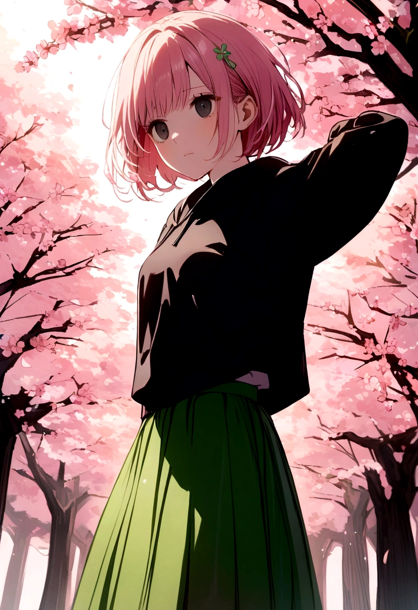 cherry blossom pink short hair, black eyes with no pupil, 1girl, Black japanese hoodie, Green Skirt, No emotions Showing, cherry blossom with hint of green hairpin