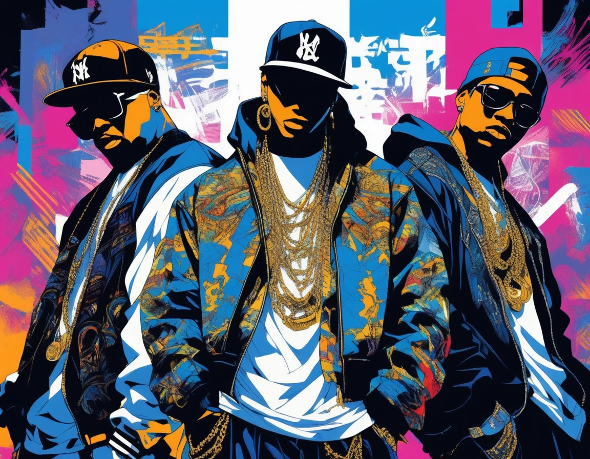 (masterpiece:1.2, highest quality), (Live Action, Intricate details),Hip Hop Style.Group of 3